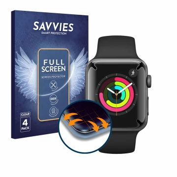 Front side of a product packaging with the brand logo Savvies. Next to it is the device Apple Watch Series 3 (42 mm) shown wit