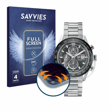 Front side of a product packaging with the brand logo Savvies. Next to it is the device TAG Heuer Carrera (45 mm) shown with t
