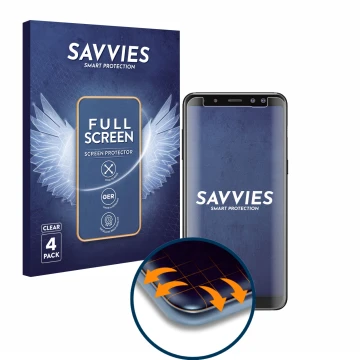 Front side of a product packaging with the brand logo Savvies. Next to it is the device Samsung Galaxy A8 2018 shown with the 