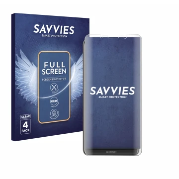 Front side of a product packaging with the brand logo Savvies. Next to it is the device Huawei Mate 10 Pro shown with the corr