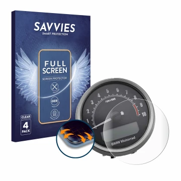 Front side of a product packaging with the brand logo Savvies. Next to it is the device BMW R NineT Scrambler 2016-2019 Speedo