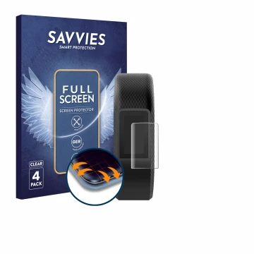 Front side of a product packaging with the brand logo Savvies. Next to it is the device Garmin Vivosport shown with the corres