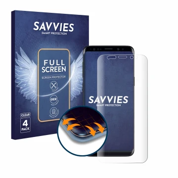 Front side of a product packaging with the brand logo Savvies. Next to it is the device Samsung Galaxy S9 shown with the corre