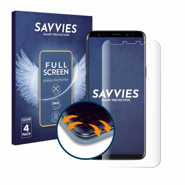 Front side of a product packaging with the brand logo Savvies. Next to it is the device Samsung Galaxy S9 Plus shown with the 
