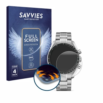 Front side of a product packaging with the brand logo Savvies. Next to it is the device Omega Speedmaster Moonwatch Profession