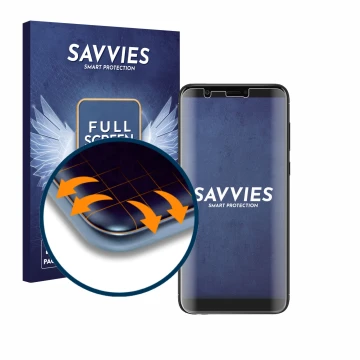 Front side of a product packaging with the brand logo Savvies. Next to it is the device Huawei P smart 2018 shown with the cor