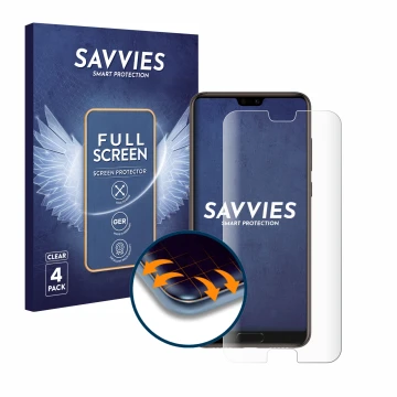 Front side of a product packaging with the brand logo Savvies. Next to it is the device Huawei P20 shown with the correspondin