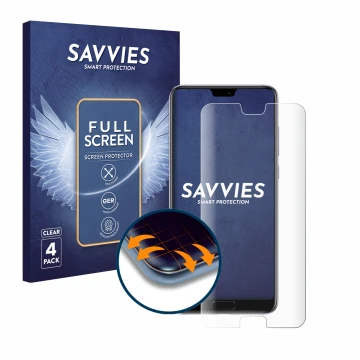 Front side of a product packaging with the brand logo Savvies. Next to it is the device Huawei P20 Pro shown with the correspo
