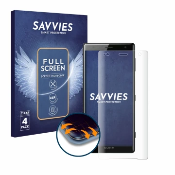 Front side of a product packaging with the brand logo Savvies. Next to it is the device Sony Xperia XZ2 shown with the corresp