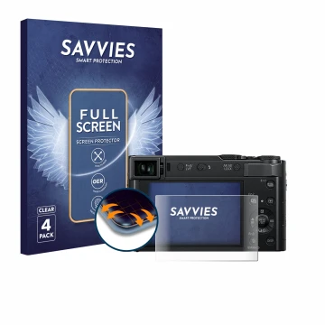 Front side of a product packaging with the brand logo Savvies. Next to it is the device Panasonic Lumix DC-TZ202 shown with th