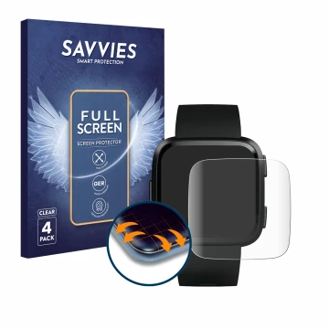 Front side of a product packaging with the brand logo Savvies. Next to it is the device Fitbit Versa shown with the correspond