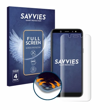 Front side of a product packaging with the brand logo Savvies. Next to it is the device Samsung Galaxy A6 2018 shown with the 