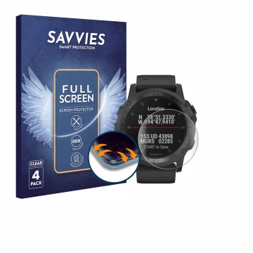 Front side of a product packaging with the brand logo Savvies. Next to it is the device Garmin Tactix Charlie shown with the c