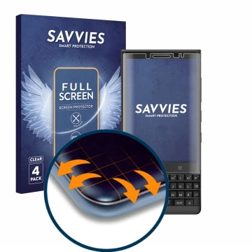 Front side of a product packaging with the brand logo Savvies. Next to it is the device BlackBerry Key2 shown with the corresp