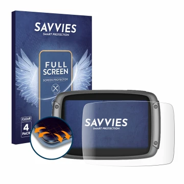 Front side of a product packaging with the brand logo Savvies. Next to it is the device TomTom Rider 550 shown with the corres