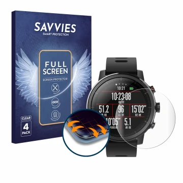 Front side of a product packaging with the brand logo Savvies. Next to it is the device Huami Amazfit Stratos 2 shown with the