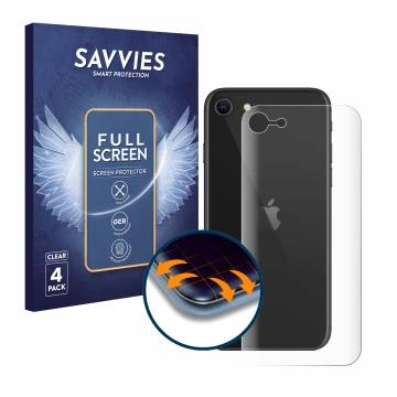 Front side of a product packaging with the brand logo Savvies. Next to it is the device Apple iPhone SE 2 2020 (Back) shown wi