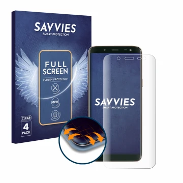 Front side of a product packaging with the brand logo Savvies. Next to it is the device Samsung Galaxy J6 2018 shown with the 
