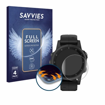Front side of a product packaging with the brand logo Savvies. Next to it is the device Garmin Fenix 5S Plus (42 mm) shown wit