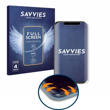 Front side of a product packaging with the brand logo Savvies. Next to it is the device Apple iPhone Xs shown with the corresp