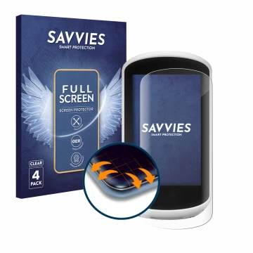 Front side of a product packaging with the brand logo Savvies. Next to it is the device Garmin Edge Explore 2018 shown with th