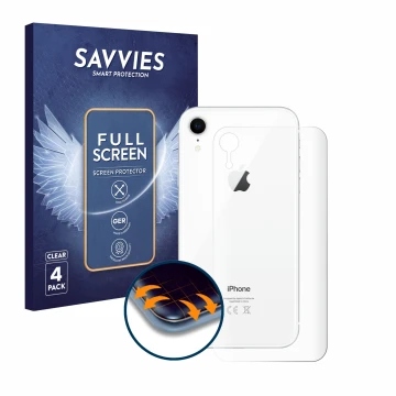 Front side of a product packaging with the brand logo Savvies. Next to it is the device Apple iPhone XR (Back) shown with the 