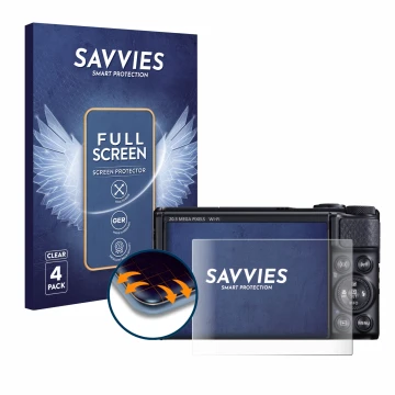 Front side of a product packaging with the brand logo Savvies. Next to it is the device Canon PowerShot SX740 HS shown with th