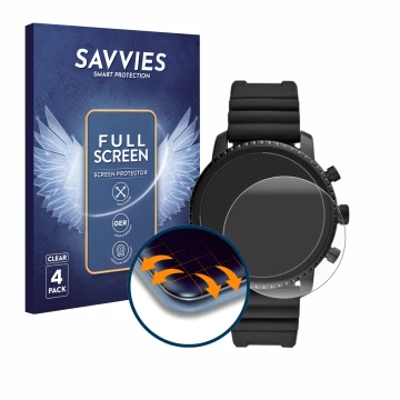 Front side of a product packaging with the brand logo Savvies. Next to it is the device Fossil Q Explorist HR (4.Gen) shown wi