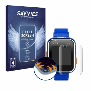 Front side of a product packaging with the brand logo Savvies. Next to it is the device Vtech Kidizoom Smart Watch DX2 shown w