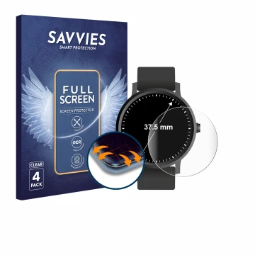 Front side of a product packaging with the brand logo Savvies. Next to it is the device Watches (Circular, ø: 37.5 mm) shown w