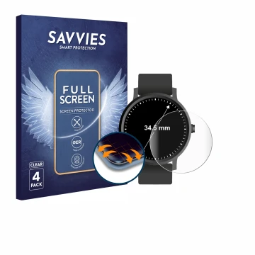 Front side of a product packaging with the brand logo Savvies. Next to it is the device Watches (Circular, ø: 34.5 mm) shown w