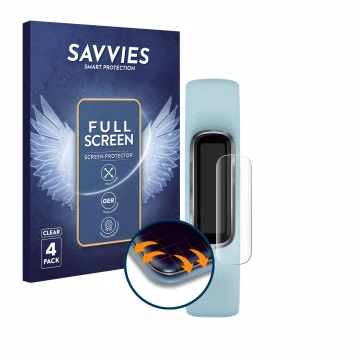 Front side of a product packaging with the brand logo Savvies. Next to it is the device Garmin Vivosmart 4 shown with the corr