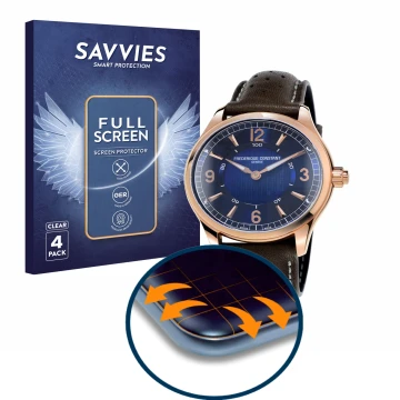 Front side of a product packaging with the brand logo Savvies. Next to it is the device Frédérique Constant Horological Smartw