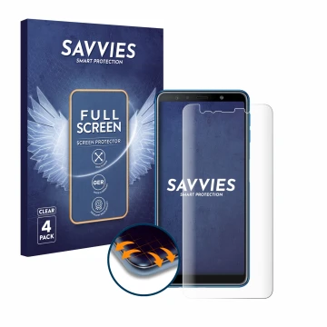 Front side of a product packaging with the brand logo Savvies. Next to it is the device Samsung Galaxy A7 2018 shown with the 