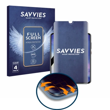 Front side of a product packaging with the brand logo Savvies. Next to it is the device Huawei Mate 20 shown with the correspo