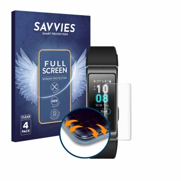 Front side of a product packaging with the brand logo Savvies. Next to it is the device Huawei Band 3 Pro shown with the corre