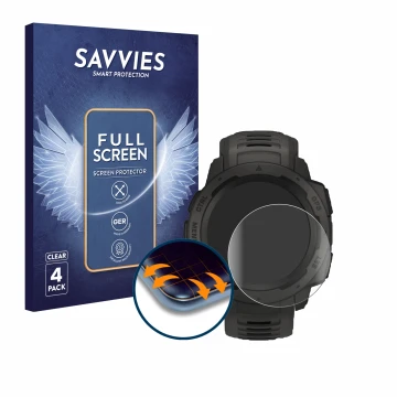 Front side of a product packaging with the brand logo Savvies. Next to it is the device Garmin Instinct shown with the corresp