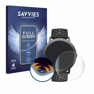 Front side of a product packaging with the brand logo Savvies. Next to it is the device Withings Steel HR Sport (40 mm) shown 