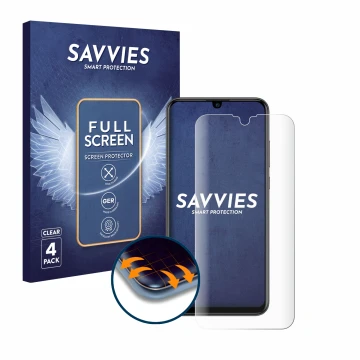 Front side of a product packaging with the brand logo Savvies. Next to it is the device Huawei P smart 2019 shown with the cor