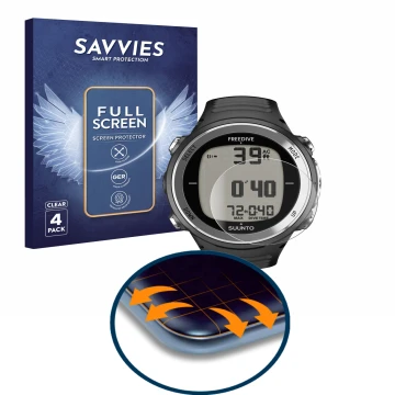 Front side of a product packaging with the brand logo Savvies. Next to it is the device Suunto D4F shown with the correspondin