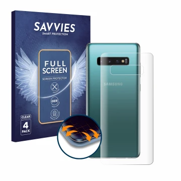 Front side of a product packaging with the brand logo Savvies. Next to it is the device Samsung Galaxy S10 Plus (Back) shown w