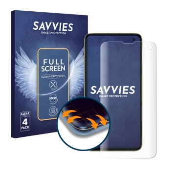 Front side of a product packaging with the brand logo Savvies. Next to it is the device Samsung Galaxy S10e shown with the cor