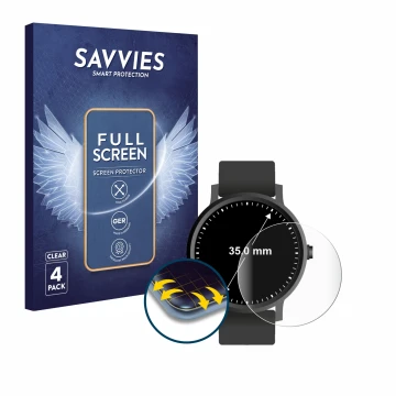 Front side of a product packaging with the brand logo Savvies. Next to it is the device Circular Displays (ø: 35 mm) shown wit
