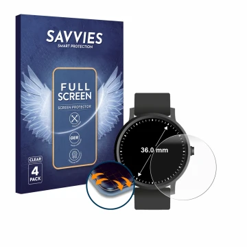 Front side of a product packaging with the brand logo Savvies. Next to it is the device Circular Displays (ø: 36 mm) shown wit