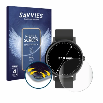 Front side of a product packaging with the brand logo Savvies. Next to it is the device Circular Displays (ø: 37 mm) shown wit