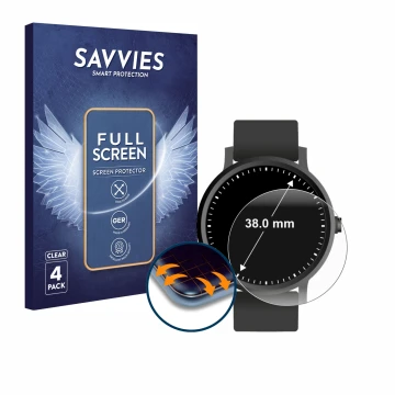 Front side of a product packaging with the brand logo Savvies. Next to it is the device Circular Displays (ø: 38 mm) shown wit