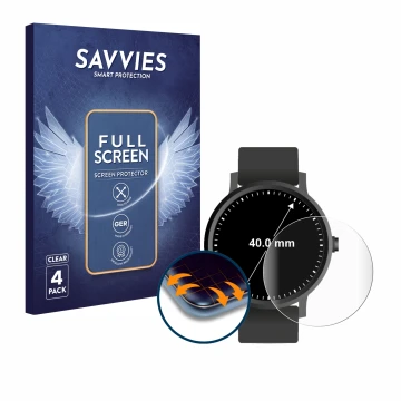 Front side of a product packaging with the brand logo Savvies. Next to it is the device Circular Displays (ø: 40 mm) shown wit