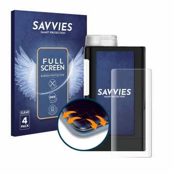 Front side of a product packaging with the brand logo Savvies. Next to it is the device Mylife YpsoPump shown with the corresp