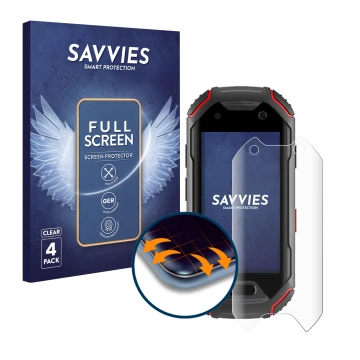 Front side of a product packaging with the brand logo Savvies. Next to it is the device Unihertz Atom shown with the correspon