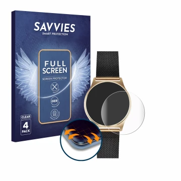 Front side of a product packaging with the brand logo Savvies. Next to it is the device Xlyne X-Watch Joli XW Pro shown with t